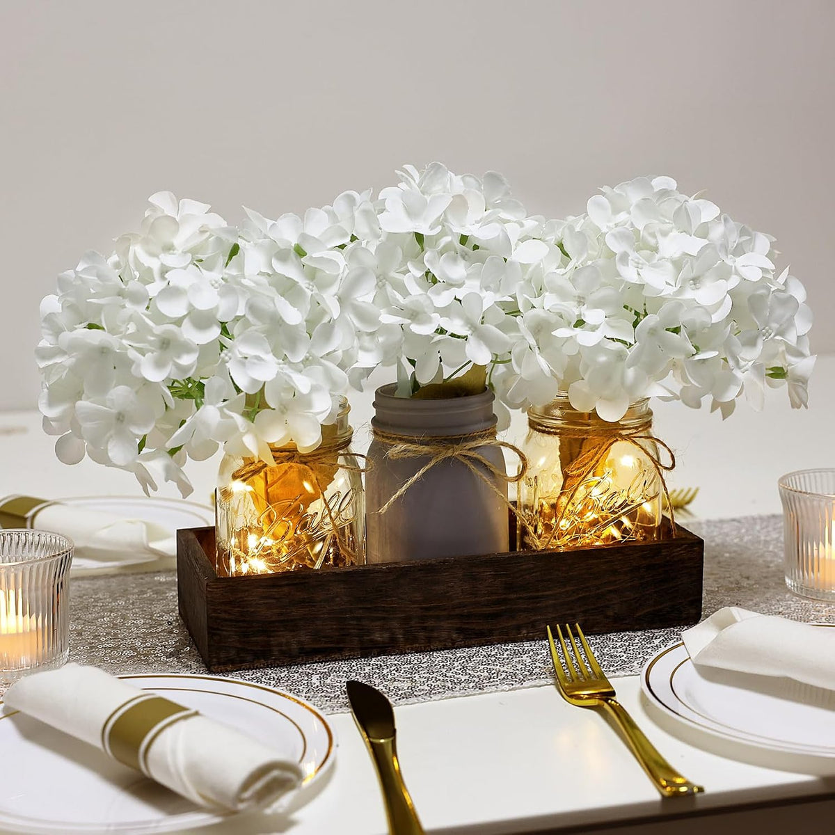 White Mason Jar Centerpiece for Table Kitchen Table Decor with Light