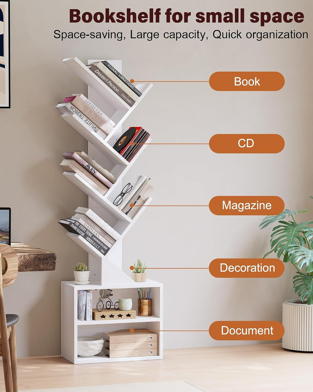 SUNMORY 6 Tier Tree Bookshelf, Tall Small Bookcase with Storage Cabinet