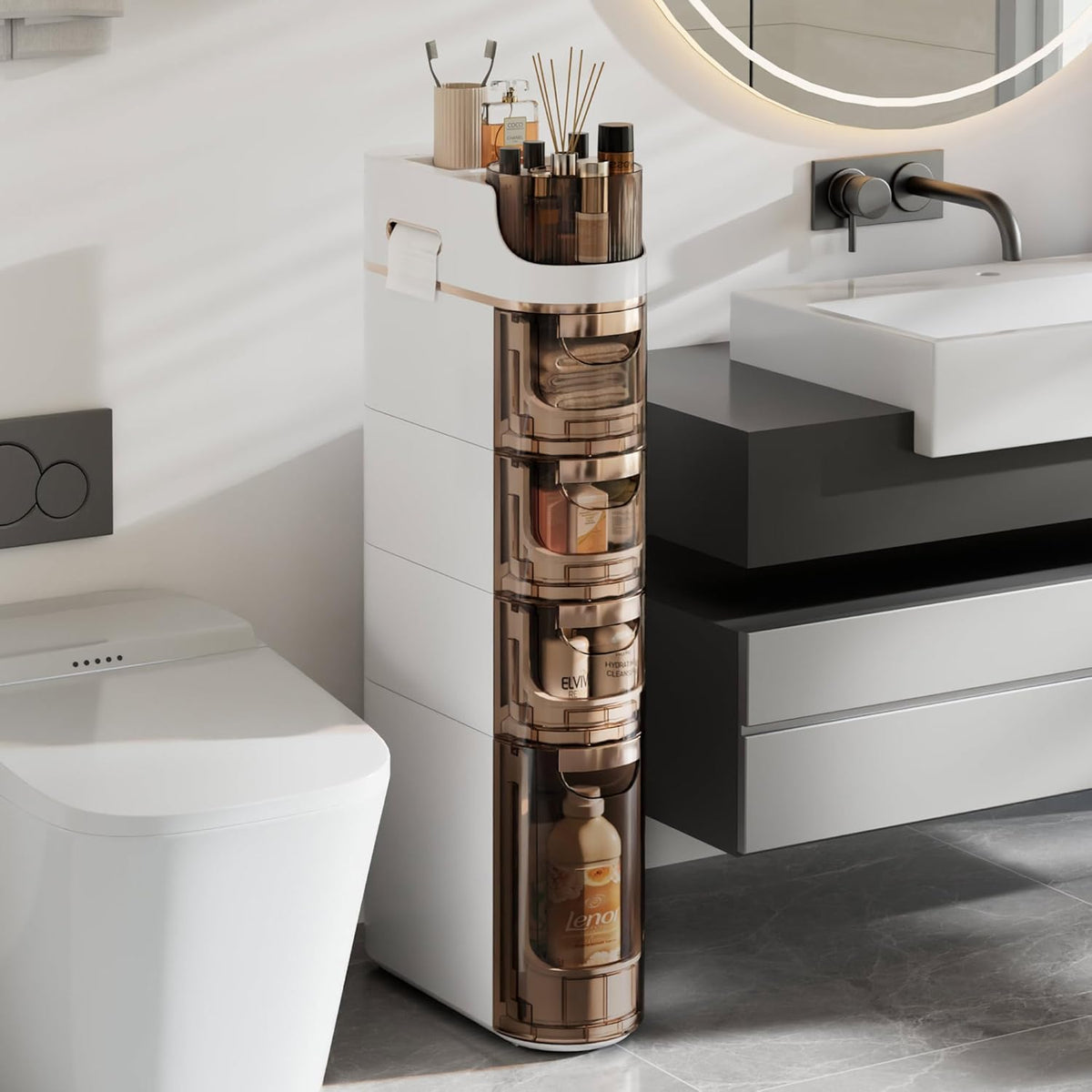 VECELO 4-Tier Slim Bathroom Storage Cabinet with Wheels, Skinny Bathroom Storage Cabinet with Drawers, Toilet Paper Holder, Movable Narrow Floor Cabinet for Small Space, Bathroom
