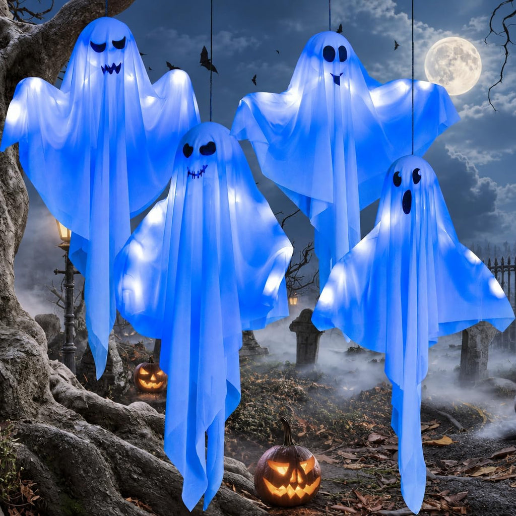 Kiddokids 4 Pack Halloween Hanging Ghost Decorations, 27.5" Light Up Spooky Floating Ghosts with Blue LED, Outdoor & Indoor Haunted House, Porch, Yard, Party Decor, Patio Lawn Garden