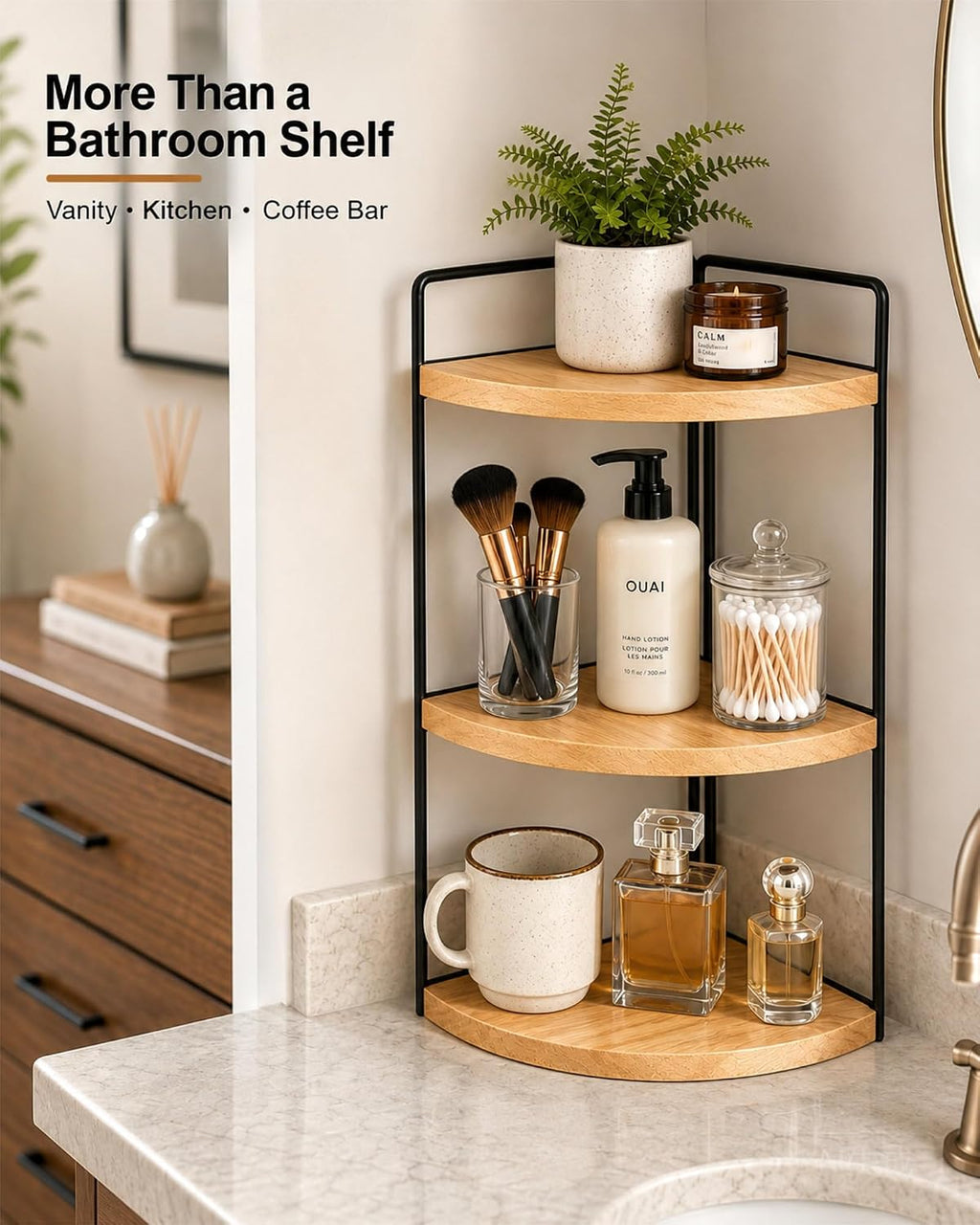 3-Tier Corner Bathroom Countertop Organizer, Solid Pine Wood Vanity Shelf