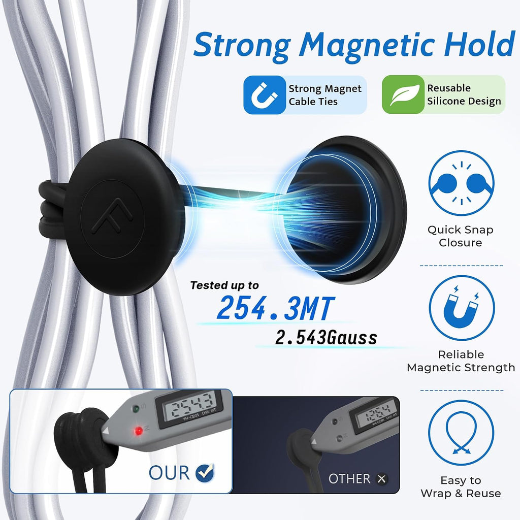 COOLMI Magnetic Cable Ties 12 Pack, 6.88 Inch Reusable Silicone Cord Organizer Wraps, Magnetic Cable Straps for Charging Cords, USB Cables, Earbuds, Travel, Black & Assorted