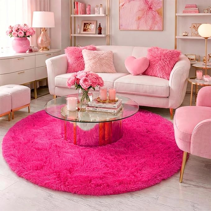 Hot Pink Round Circle Rug 6Ft for Girls Bedroom, Big Fluffy Area Rugs for Kids - Image 3