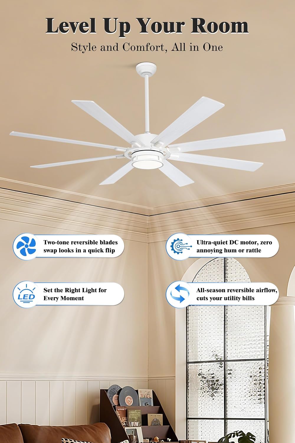 65 Inch Ceiling Fan with Light, White Large Metal Downrod Ceiling Fan Light White, 3CCT, 6 Speed Ceiling Fans with 3 Downrods for Living Room Bedroom, UL Listed