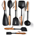 Silicone Cooking Utensils Set, 7PCS Silicone Kitchen Utensils with Wooden Handles, Heat Resistant Spatula Spoon Turner with Hanging Rope,Gadgets Utensil Set for Non-Stick Cookware BPA Free (Black)