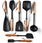 Silicone Cooking Utensils Set, 7PCS Silicone Kitchen Utensils with Wooden Handles, Heat Resistant Spatula Spoon Turner with Hanging Rope,Gadgets Utensil Set for Non-Stick Cookware BPA Free (Black)