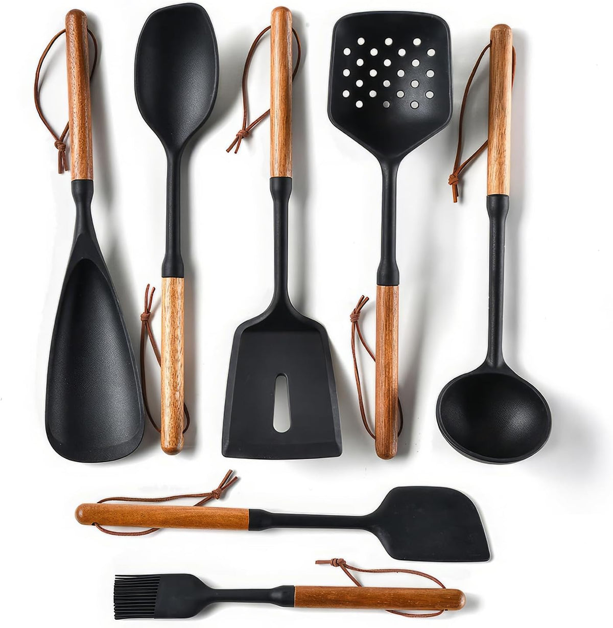 Silicone Cooking Utensils Set, 7PCS Silicone Kitchen Utensils with Wooden Handles, Heat Resistant Spatula Spoon Turner with Hanging Rope,Gadgets Utensil Set for Non-Stick Cookware BPA Free (Black)