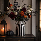 Black and White Striped Ceramic Vase with Double Ring Handles