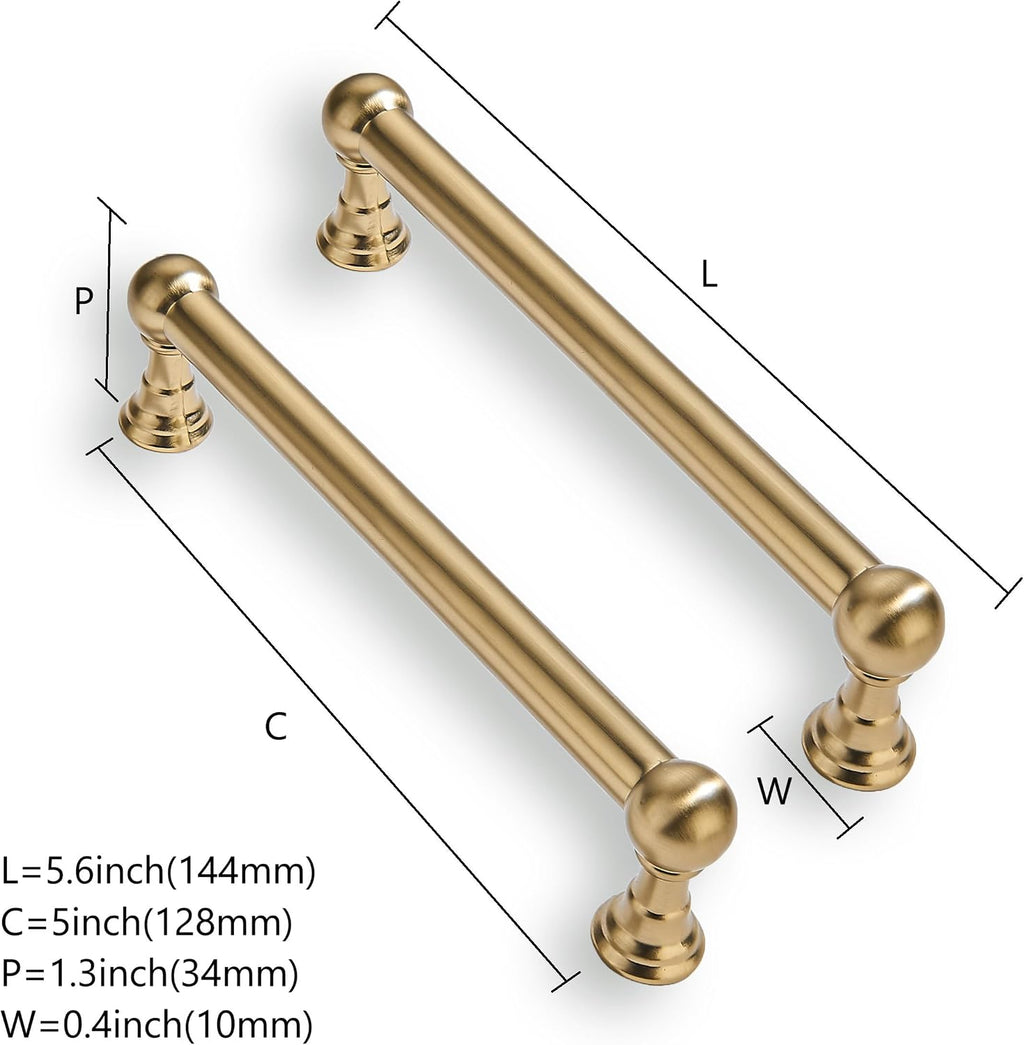 2 Pack 5 Inch Solid Kitchen Cabinet Handles Brushed Brass Heavy Duty Cabinet Pulls Satin Brass Drawer Pulls Cabinet Hardware Kitchen Handles for Cabinets Cupboard Handles