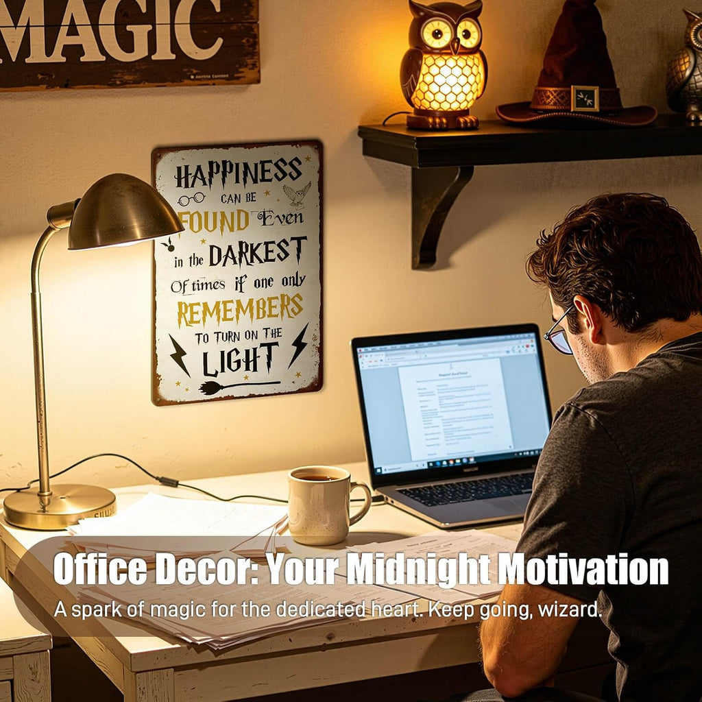 Happiness Can Be Found Even In The Darkest Metal Signs, Vintage Magic Sign for Movie Wizard Theme Lovers Office Decor Motivational Room Wall Decor, 12x8 Inches