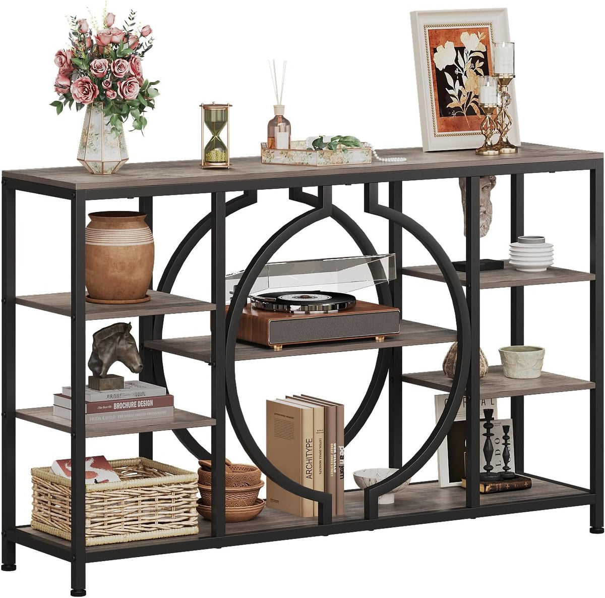 GiftGo 47" Industrial Console Tables for Entryway Rustic Sofa Table Behind Couch 4 Tier Wooden Shelves Entry Table with Storage for Foyer, Hallway, Front Door,Living Room (Retro Grey, 47")