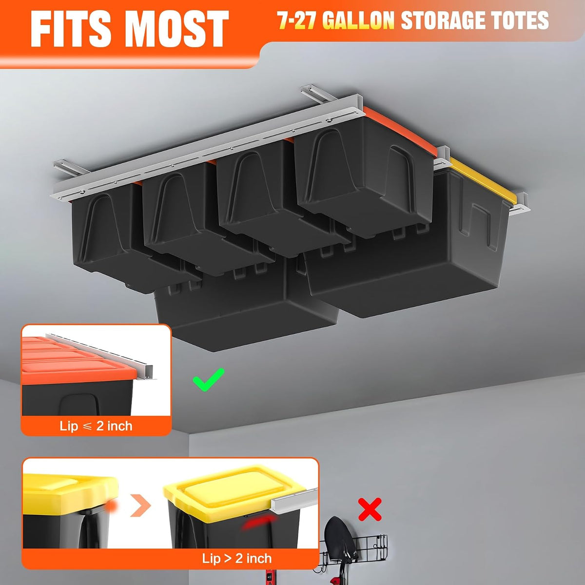 TORACK Garage Ceiling Bin Storage Rack, Overhead Tote Storage Rail System