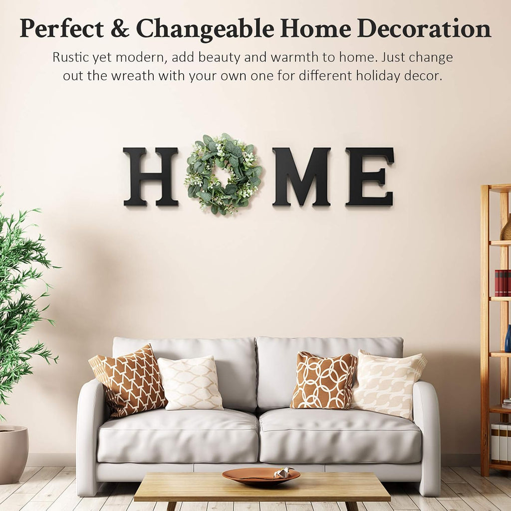 Wooden Home Letters with Wreath Artificial Eucalyptus Modern Decorative Hanging Farmhouse Sign for Living Room & Kitchen - Housewarming & Couple Gifts - Christmas Decoration