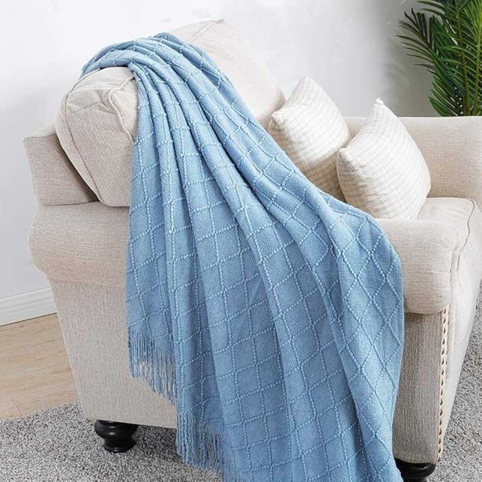 BOURINA Blue Throw Blanket 60x80 Inches Throw Textured Solid Soft Sofa Throw - Image 2