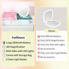 FUNTOUCH Rechargeable 7" Travel Makeup Mirror 30X Magnification,White