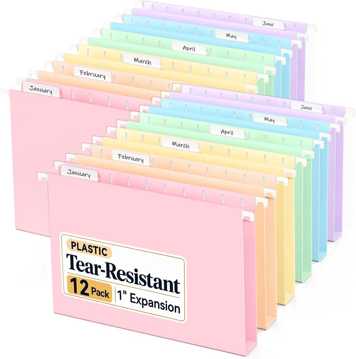 Sooez Tear-Resistant Plastic Hanging File Folders, 12 Count, Letter Size