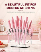 Astercook 22 Piece Kitchen Knife Set with Block and Sharpener, Pink
