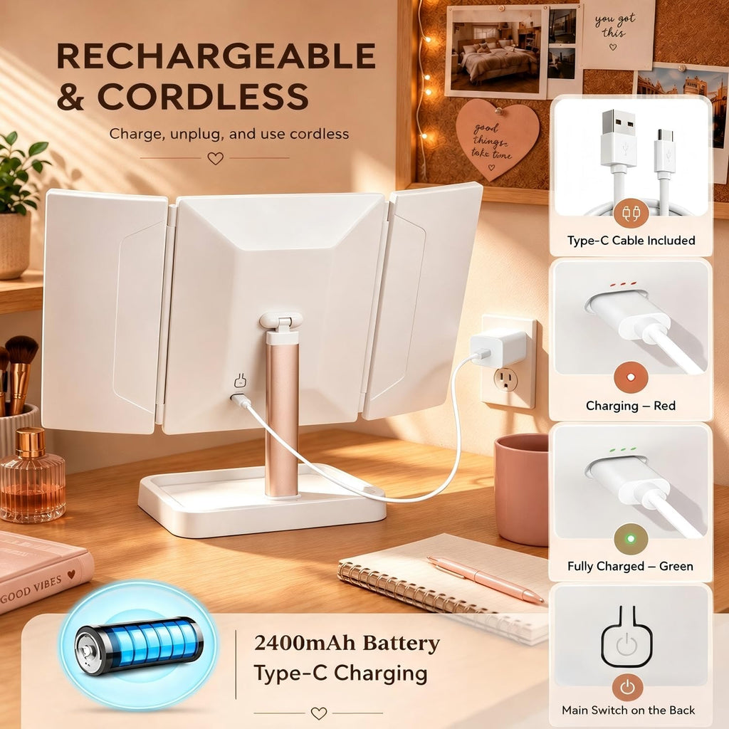 Makeup Mirror with Lights, Rechargeable Trifold 1X/2X/3X Magnification