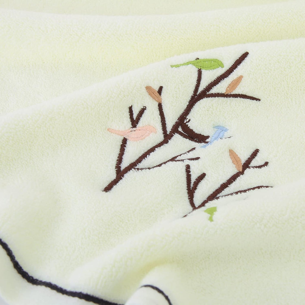 Embroidered Bird Tree Bath Towel for Bathroom,Light Yellow