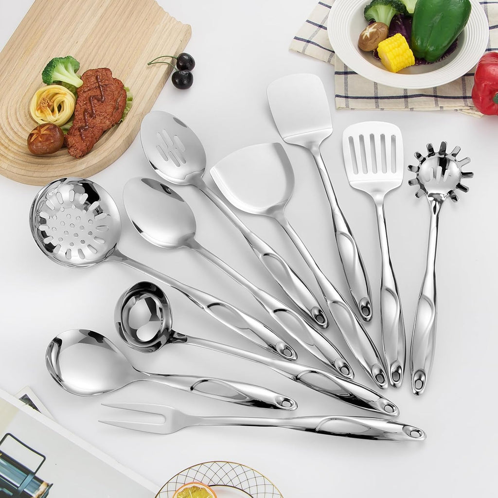 304 Stainless Steel Kitchen Utensils Set, 10 Pcs Metal Cooking Utensil, Mirror Polished Kitchen Gadget Cookware and Kitchen Tool Set, Dishwasher Safe