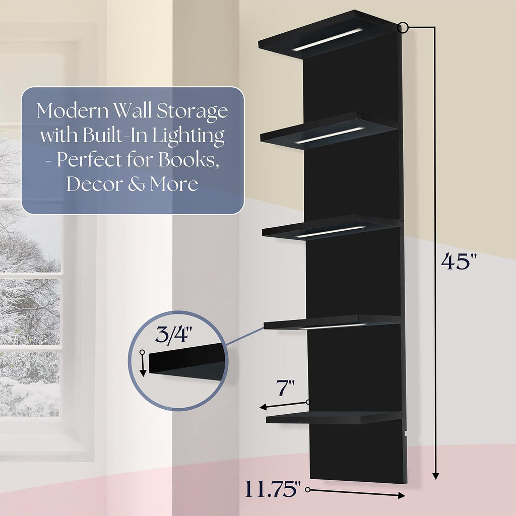 Sorbus LED Light Display Shelf - Vertical 5 Tier Wall Shelf Unit with 2 Hooks, Column Utility Shelving for Home Decor, Wall-Mounted Floating Shelves for Bathroom, Bedroom, Vanity, Figurine Display