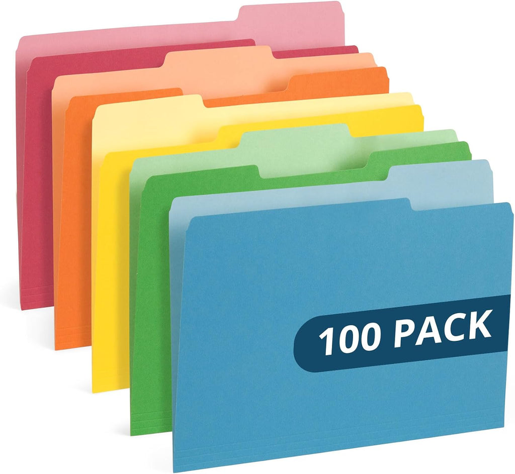 Blue Summit Supplies 100 File Folders, Letter Size, 1/3 Cut, Assorted