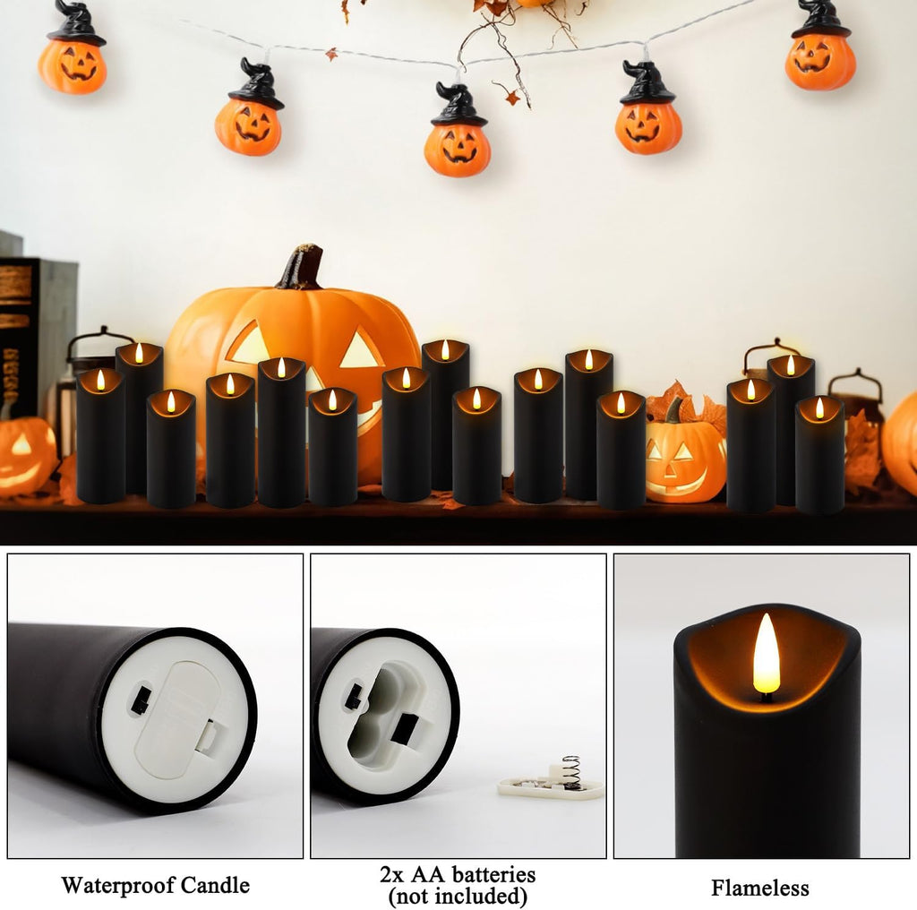YOROXRG 12 Pack Halloween Decoration Flickering Flameless Candles, Battery Operated LED Pillar Candles with Remote Control and Timer.for Home Decor (D2.2 xH 5" 6" 7" Black)