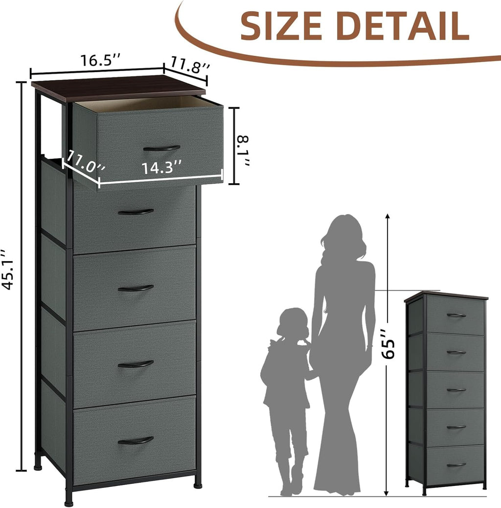 Somdot Tall Dresser for Bedroom, 5 Drawer Storage Cabinet, Charcoal Grey