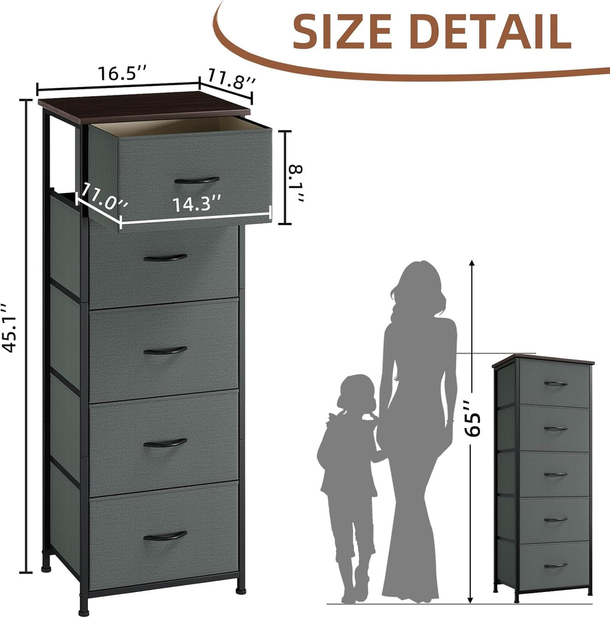 Somdot Tall Dresser for Bedroom, 5 Drawer Storage Cabinet, Charcoal Grey