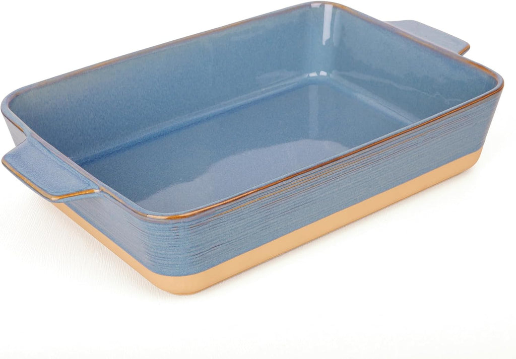 Dafuceramic Casserole Dish for Oven, 4.2 QT Baking Dish, 9x13 Large Porcelain Baking Pan, Durable Rectangular Lasagna Pan Deep with Handles, Microwave Oven Safe, Home Decor, Wedding Gift, (Khaki & Blue)