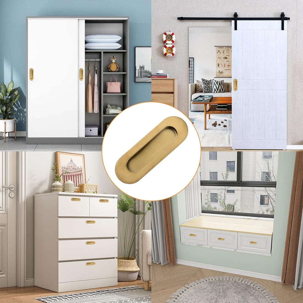 MOROBOR 2Pcs Brushed Gold Stainless Steel Side Hole Flush Pull, Oval Embedded Sliding Door Handle Recessed Finger Pulls with Hidden Screws for Drawer Cupboard Wardrobe
