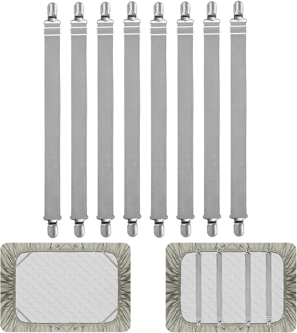 8Pcs Adjustable Bed Sheet Straps Clips, Elastic Mattress Sheet Fasteners Holder and Suspenders, Grippers to Hold Sheet, Mattress, Sofa, Couch, Table Cloth, Ironing Board Cover(Grey)