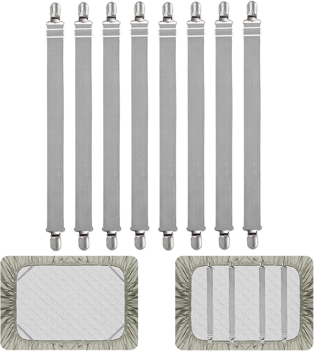 8Pcs Adjustable Bed Sheet Straps Clips, Elastic Mattress Sheet Fasteners Holder and Suspenders, Grippers to Hold Sheet, Mattress, Sofa, Couch, Table Cloth, Ironing Board Cover(Grey)