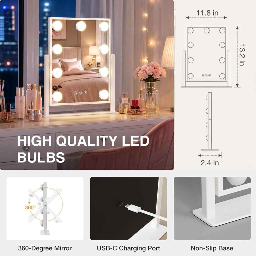 9-Bulbs Vanity Mirror with Dimmable Lights, Touch Control, 3 Color