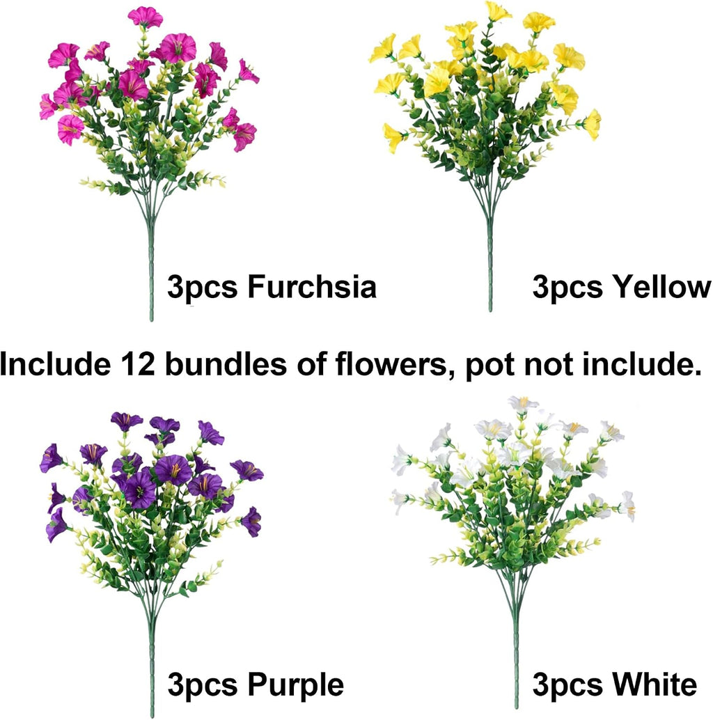 Artificial Flowers Fake Plants for Outdoors Decor, 12 Bundles Silk Morning Glory with Eucalyptus Realistic UV Resistant Faux Flowers for Outside Planter Porch Yard Patio Garden Home Indoor, Mix