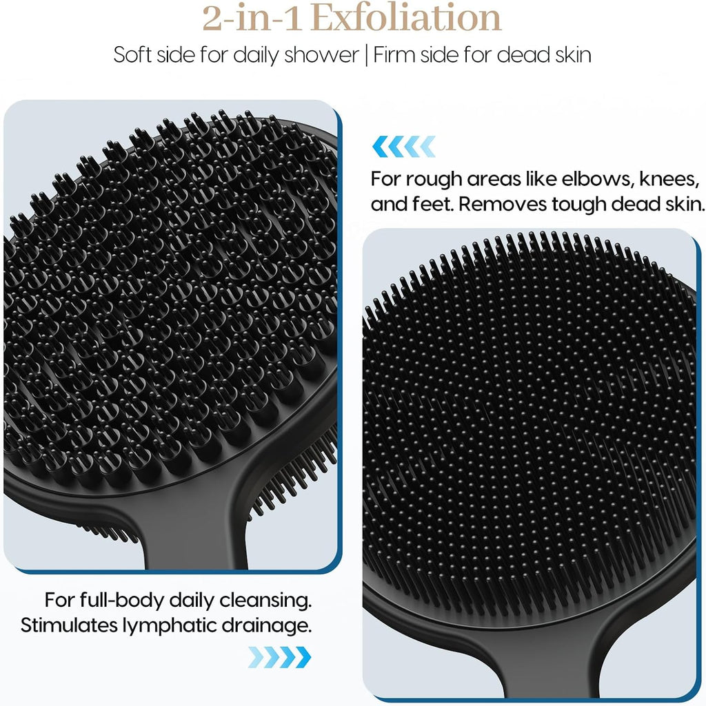 Silicone Back Scrubber for Shower &Silicone Face Scrubber, 2Pcs Silicone Exfoliating Brush Set with 17In Long Handle, Soft Body & Facial Cleansing Scrubber for Men Women