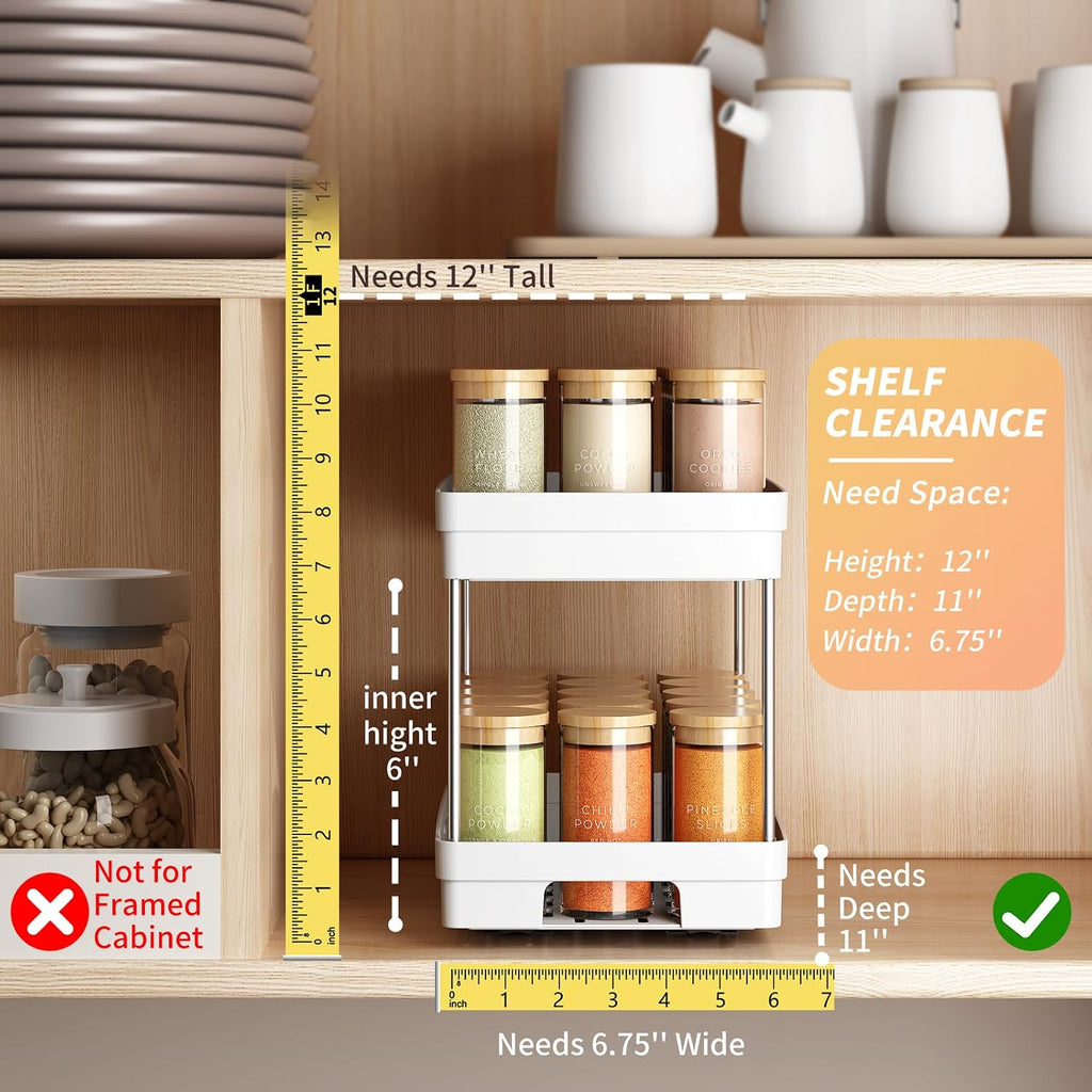 Pull Out Spice Rack Organizer for Cabinet, 2 Pack Widen Slide Out Spice Racks Organizer, Spice Cabinet Organizers, Cabinet Size Need:12'' Highx11'' Deepx6.75'' Wide,Hold 15 Spice Jar Each Tier-2Tier