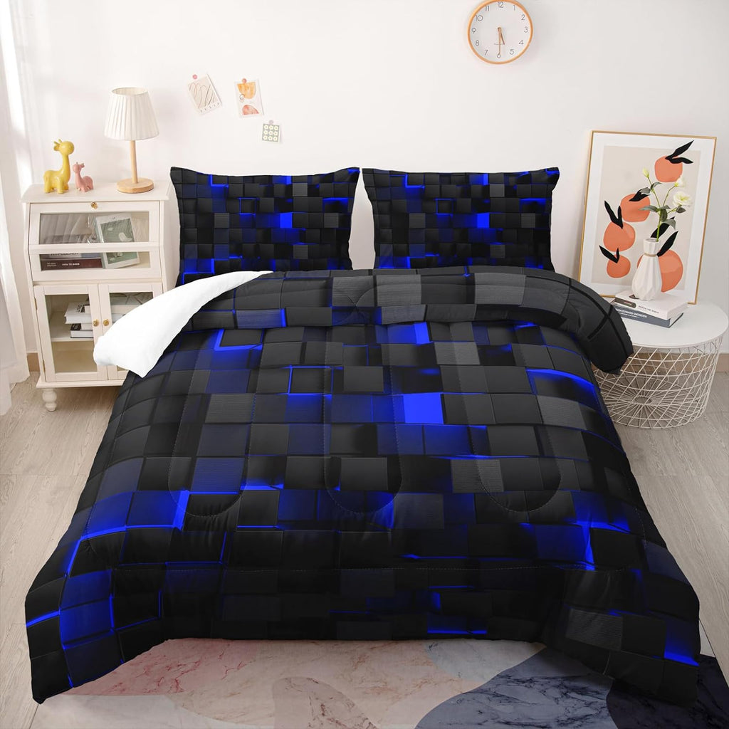 Nttopship Geometric Blue Black Comforter Set,Light Honeycomb 3 Piece Bedding Set Queen Size for Teen Boys,Modern Quilt Set Geometry Decor,Microfiber Lightweight 1 Comforter 2 Pillowcases All Season