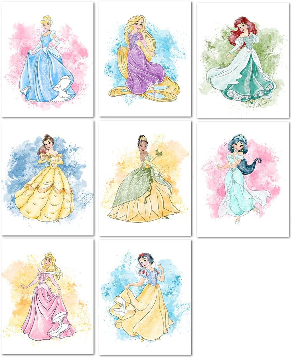 Nistio Princess Nursery Wall Art Prints, Ariel Nursery Poster, Newborn Gift, Cinderella Baby Room Decor For Girls, Princess Cinderella, Rapunzel, Ariel, Belle, Tiana, Jasmine, Set of 8 Prints, 8x10