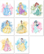 Nistio Princess Nursery Wall Art Prints, Ariel Nursery Poster, Newborn Gift, Cinderella Baby Room Decor For Girls, Princess Cinderella, Rapunzel, Ariel, Belle, Tiana, Jasmine, Set of 8 Prints, 8x10
