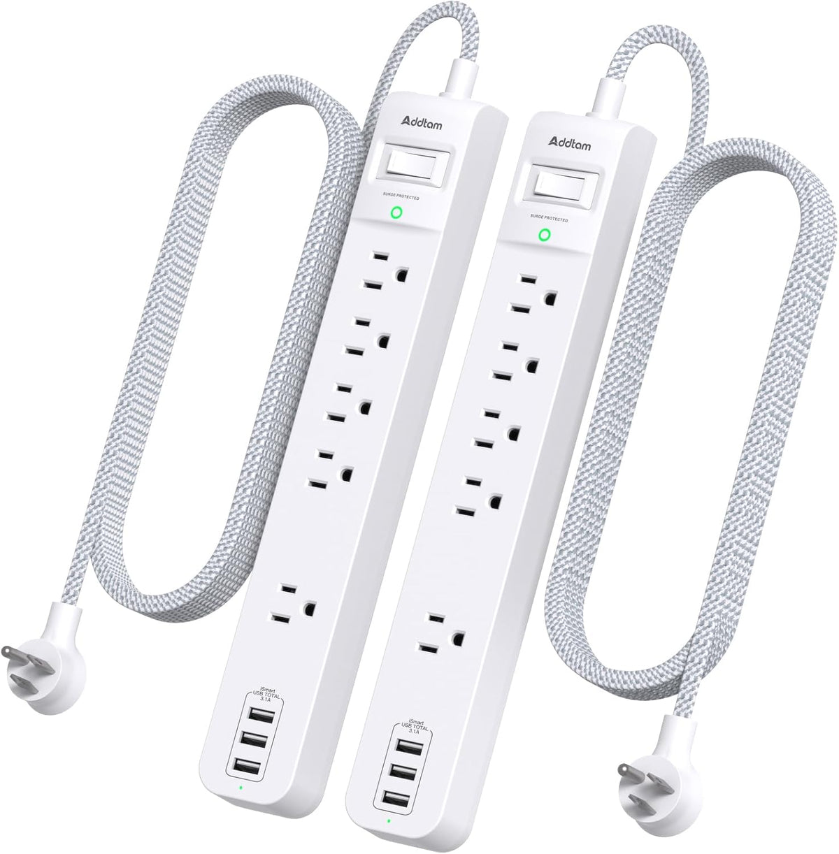 2 Pack Surge Protector Power Strip -6ft Extension Cord, 5 Outlets 4 USB