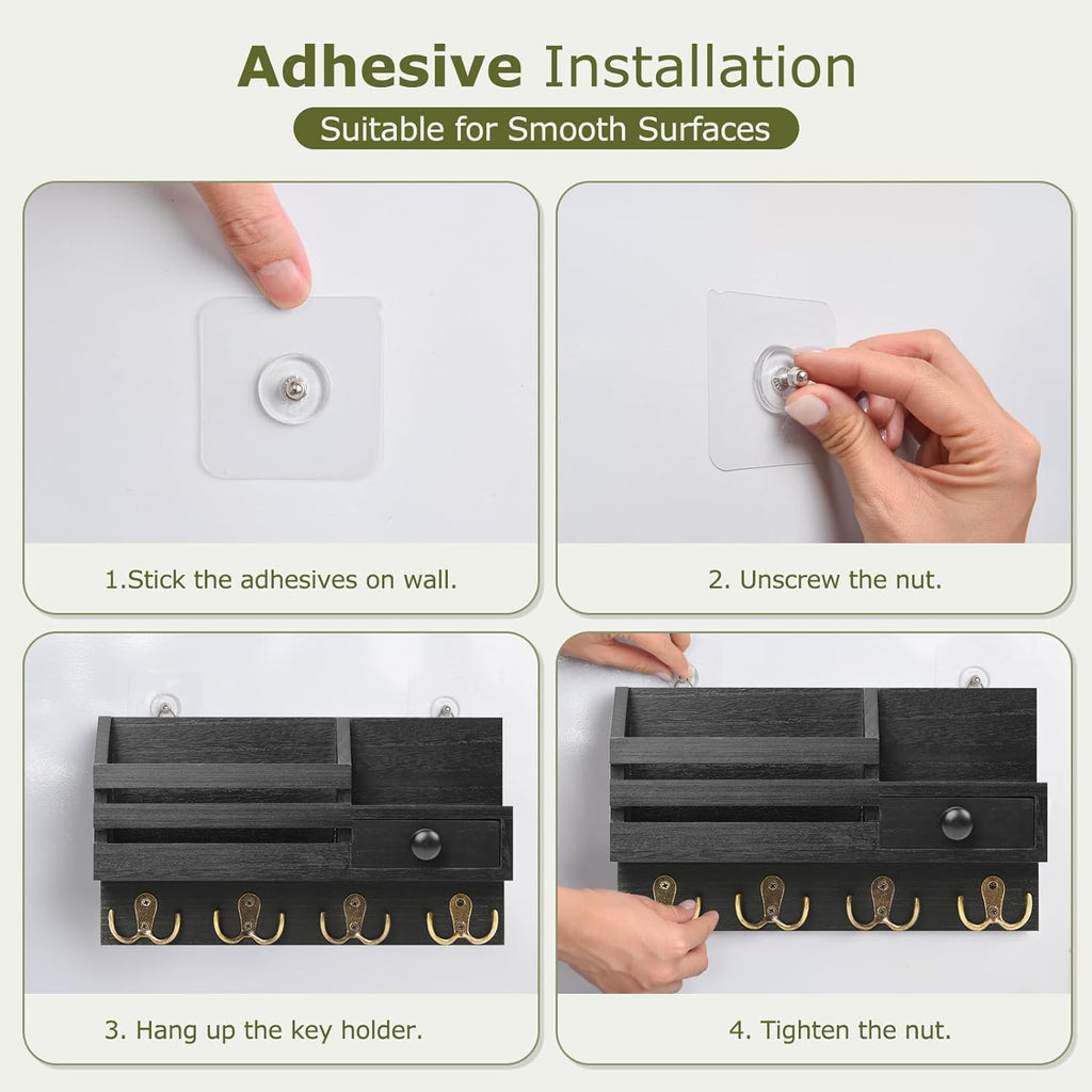 Key Holder Wall Mount, Wooden Key and Mail Organizer, Black