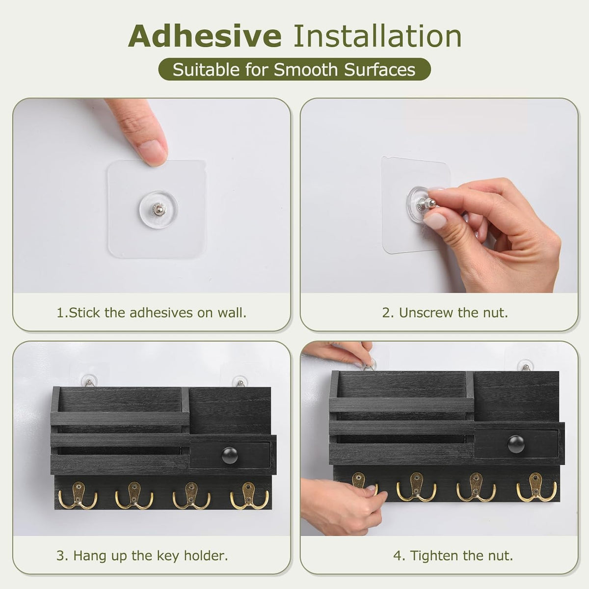 Key Holder Wall Mount, Wooden Key and Mail Organizer, Black