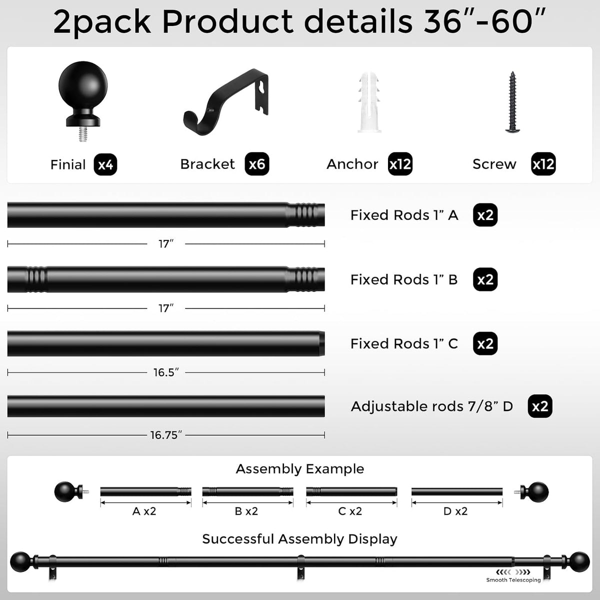 2 Pack Curtain Rods 36-60 Inch, Black 1 Inch Adjustable Heavy Duty Curtain Rods for Windows, Decorative Modern Window Treatment Rod, Splicing Metal Drapery Pole, Easy Installation