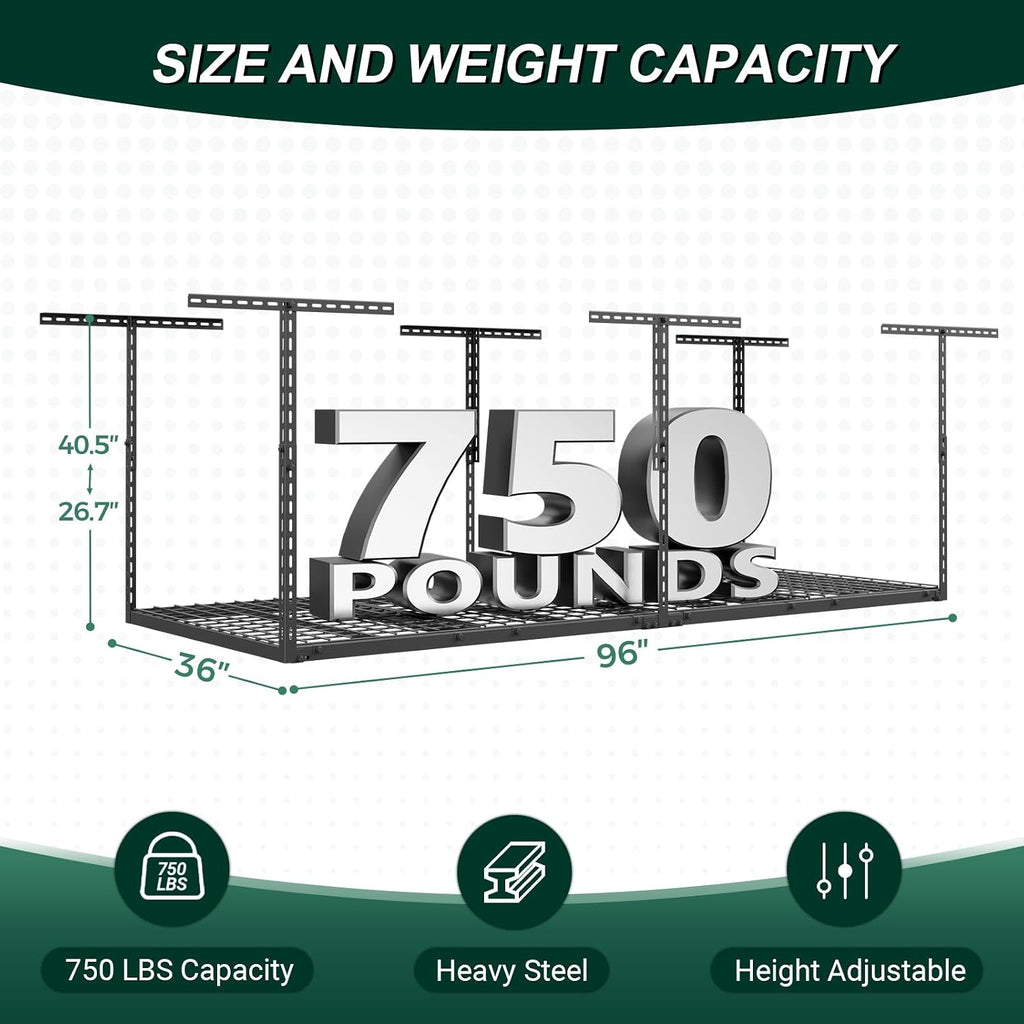 3x8 FT Overhead Garage Storage Rack,750LBS Weight Capacity
