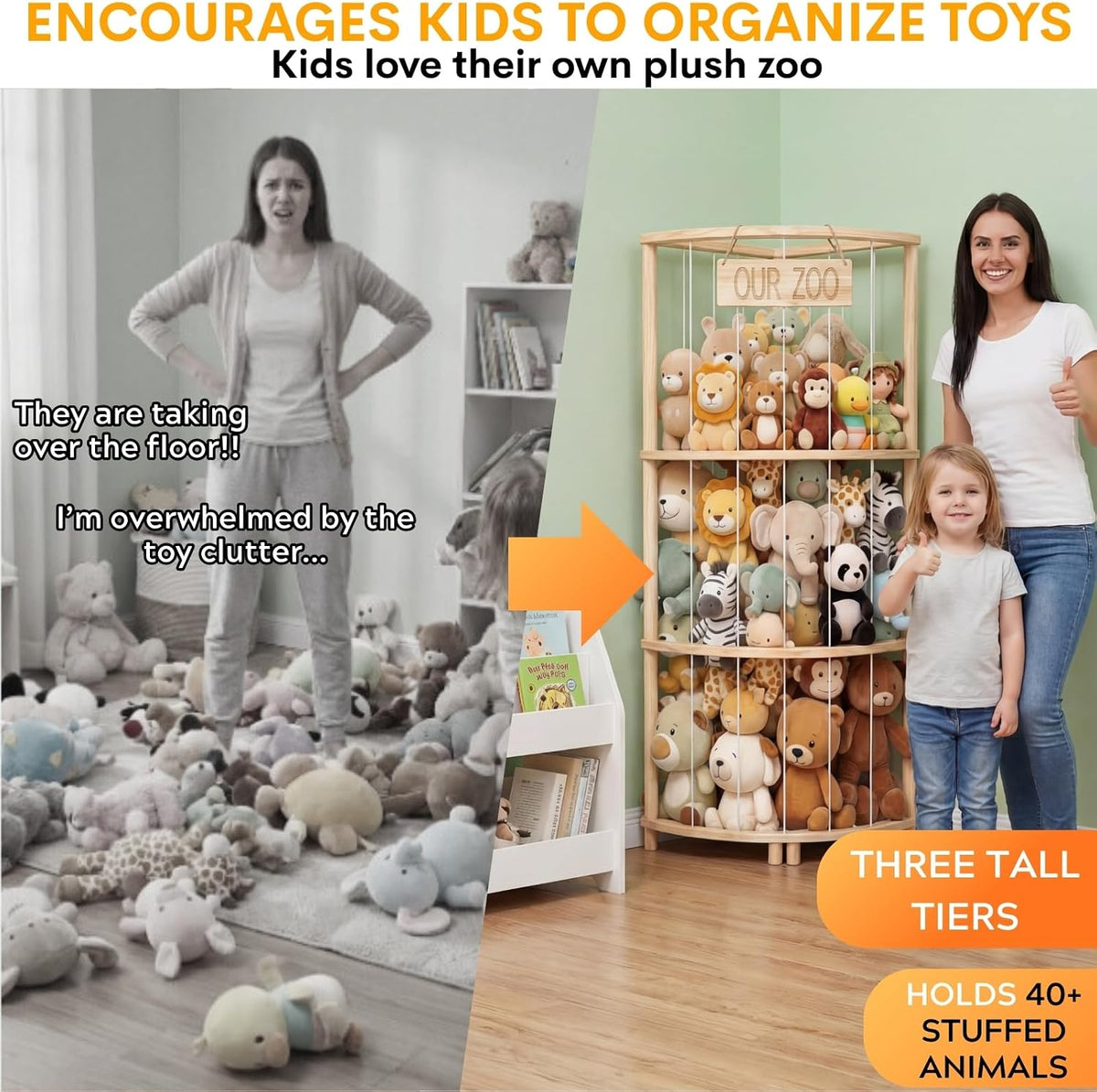 Corner Stuffed Animal Storage, Large Wooden Plush Toy Storage Zoo
