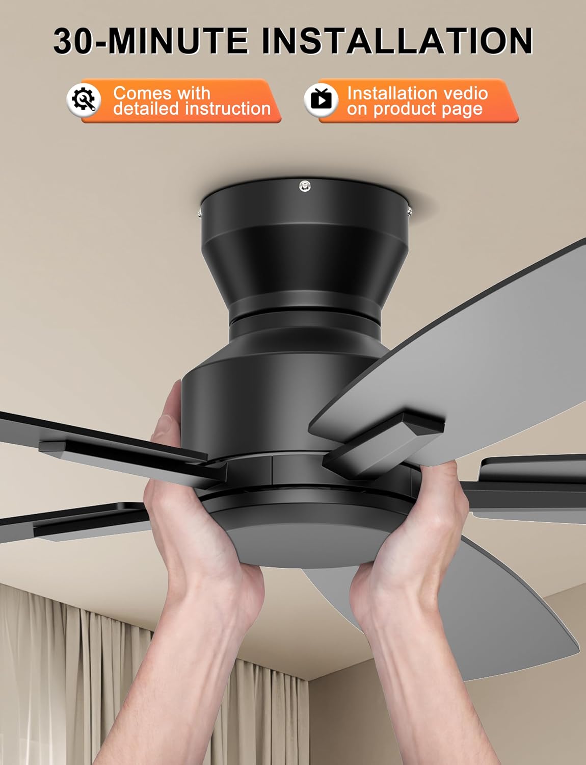Ohniyou 52'' Low Profile Ceiling Fan No Light, for Indoor/Covered Outdoor