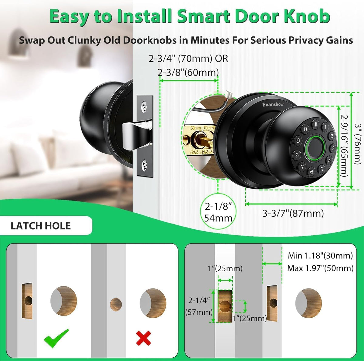 Smart Door Knob Fingerprint Lock 4-in-1 Keyless Entry (Fingerprint/App/Code/Key) Biometric Door with Auto-Lock Easy Install for Home/Bedroom/Office-Black