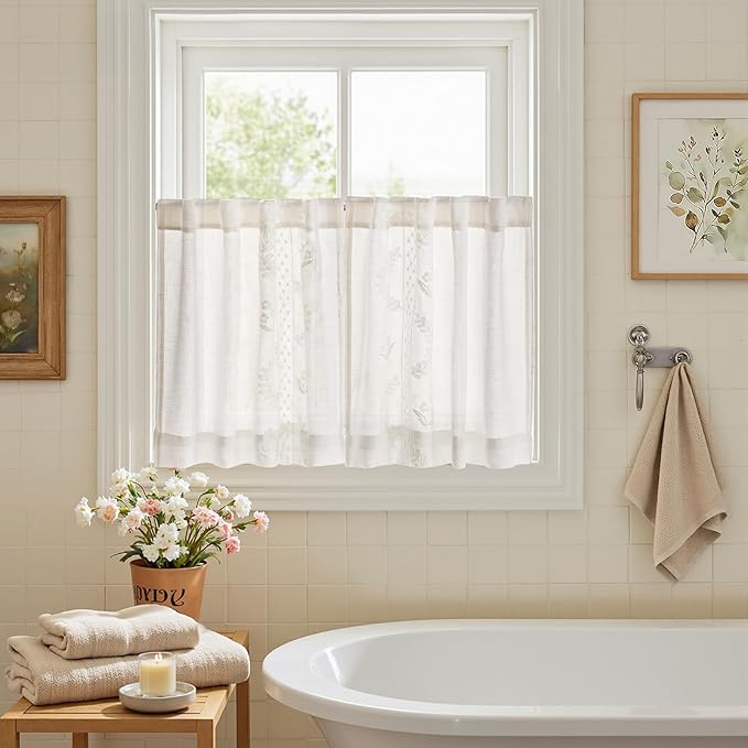 jinchan Belrose Linen Floral Kitchen Curtains 36 inch Length Embroidered - Image 9