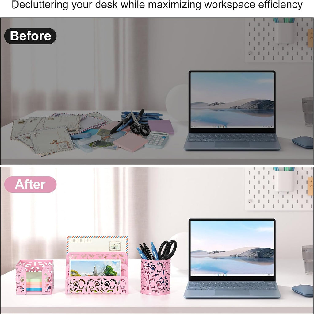 EasyPAG Desk Organizers and Accessories 3 Pieces Office Organizer Set - Pen Holder for Desk, Mail Sorter Countertop and Sticky Note Holder, Pink